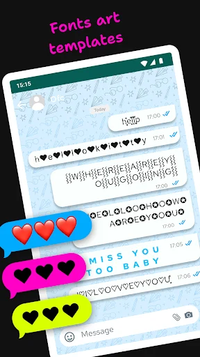 Chat theme templates featuring heart emojis and stylish fonts in customizable message bubbles