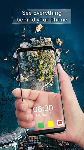 Transparent Wallpaper app showing phone screen displaying ocean rocks behind device for personalized home screen