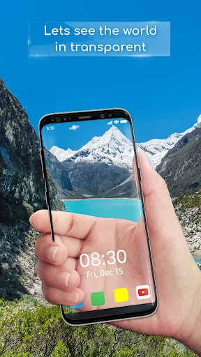 Transparent wallpaper displaying mountain landscape through phone screen with live camera view personalization feature