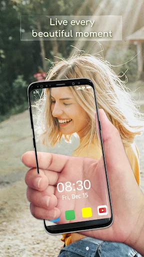 Transparent wallpaper app with live camera view showing person behind phone for unique personalized home screen