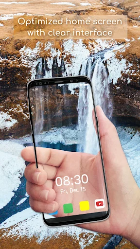Clear transparent interface wallpaper showing waterfall through phone screen for optimized personalized display