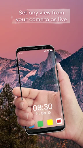 Transparent wallpaper app using live camera to display mountain view on phone home screen for personalization