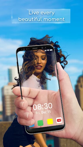 Live transparent wallpaper feature showing real-time camera view of person on personalized phone home screen