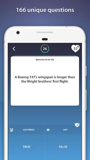Quiz question interface showing question 59 of 146 about Boeing 747 wingspan with TRUE and FALSE answer buttons and score