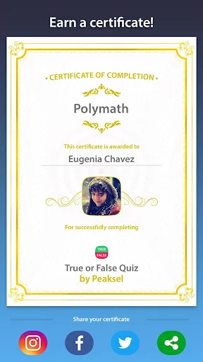 Certificate of Completion award with gold decorative border, shareable social media options for Instagram, Facebook, Twitter