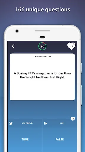 Quiz gameplay showing question about Boeing 747 wingspan with True and False buttons for answering trivia questions
