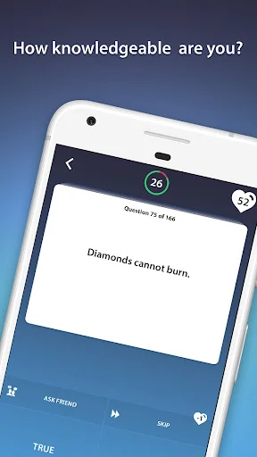 Quiz knowledge test asking if diamonds burn with True and False answer options and progress indication