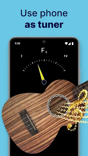 Ukulele Tuner app showing phone as chromatic tuner with F3 note display and tuning gauge on screen