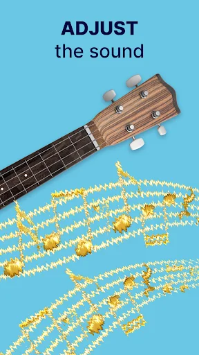 Ukulele Tuner app adjust sound feature showing ukulele headstock with audio waveform visualization