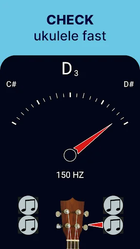 Ukulele Tuner app check tuning screen showing D3 note at 150 Hz with gauge meter and string selector