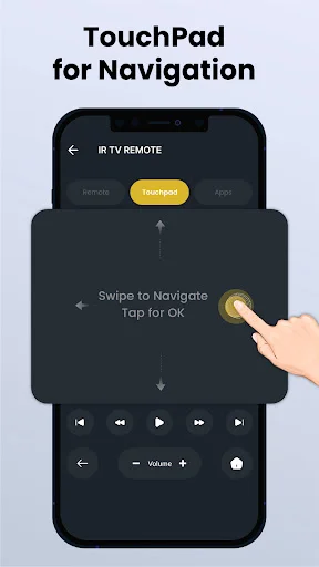 TouchPad navigation interface for smart TV with swipe and tap gesture controls for menu navigation and OK selection