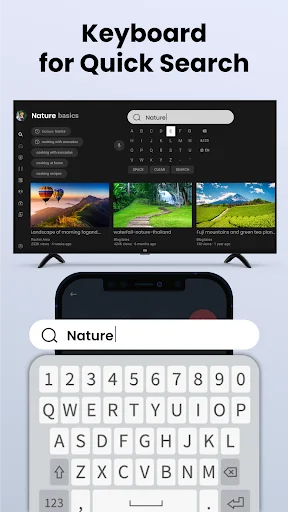 Keyboard search interface for smart TV showing text input field with search results displayed on TV screen