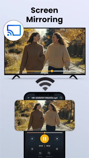Screen mirroring feature displaying smartphone content wirelessly cast to smart TV via WiFi connection