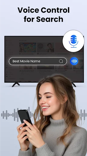 Voice control search feature for universal TV remote using microphone voice commands from smartphone app