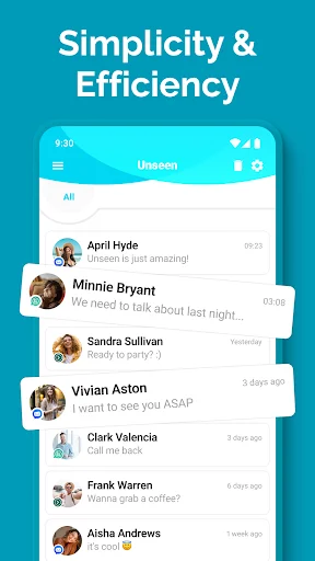 Unseen app main interface showing message list with contact names, timestamps, and privacy features
