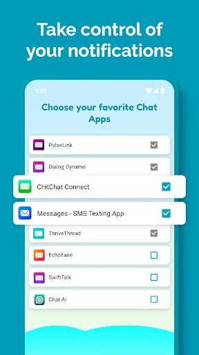 Unseen app notification control screen with selectable chat apps including ChitChat Connect and Messages