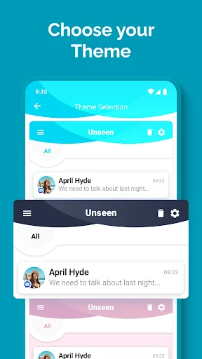 Unseen app theme selection screen displaying cyan, dark navy, and pink color theme options