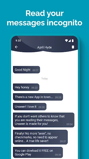 Unseen app incognito message reading interface showing conversation with April Hyde in privacy mode
