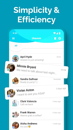 Unseen privacy messaging app main screen with conversation list and no last seen status feature