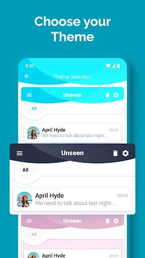 Unseen app theme customization page with multiple color schemes for personalized interface design