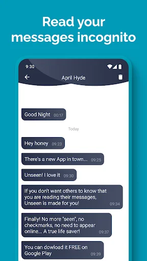 Unseen app private message viewer displaying chat messages without triggering read receipts or blue ticks