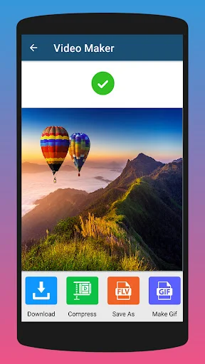 Video Maker success screen with hot air balloon video and options to download, compress, save, or make GIF
