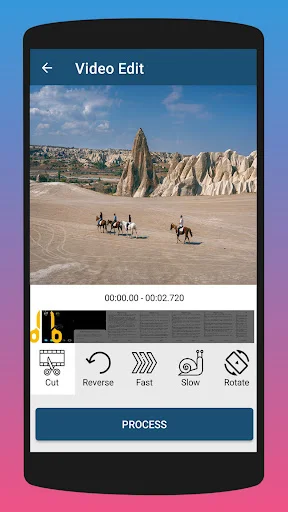 Video Edit screen showing desert landscape with timeline trimmer and controls: reverse, fast, slow, rotate