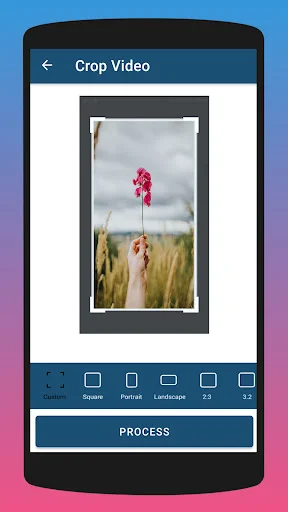 Crop Video screen displaying portrait image with aspect ratio options: square, portrait, landscape, 2:3, 3:2