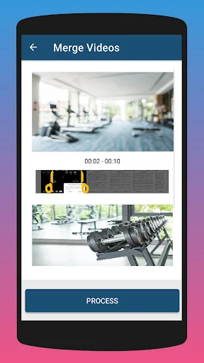 Merge Videos screen showing two gym video clips in timeline ready to combine into single video file