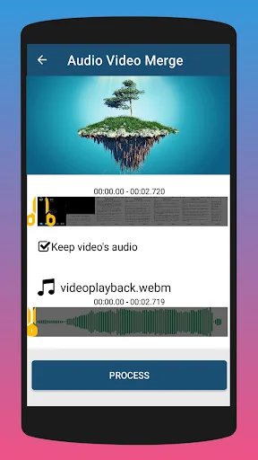 Audio Video Merge screen with floating island video, timeline editor, and audio track import options