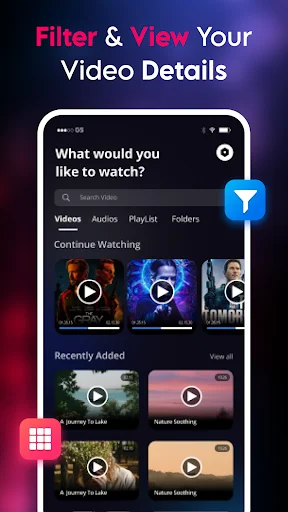 Video Player app showing filter and view options with video library, continue watching section, and recently added videos