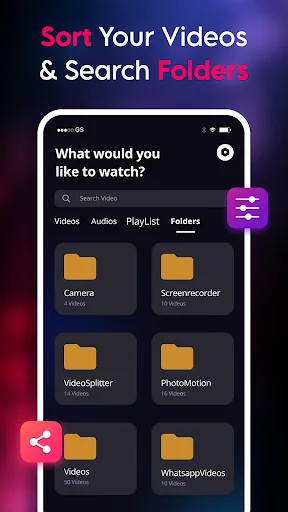 Video Player folder view displaying organized video folders like Camera, Screenrecorder, VideoSplitter with search functionality