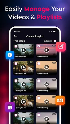 Video Player playlist management screen showing create playlist feature with video thumbnails and selection options