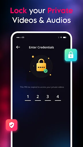Video Player privacy lock screen with PIN entry interface to secure and protect private videos and audio files