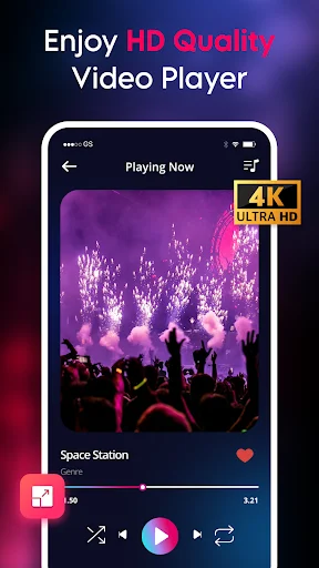 HD 4K video player interface showing playback controls, timeline, and concert video playing in high quality