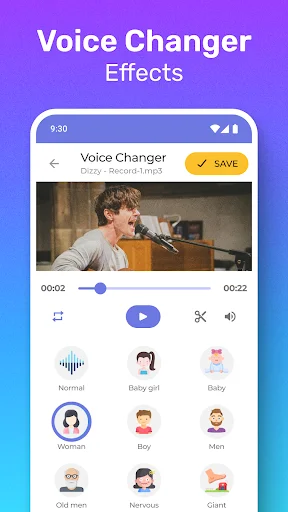 Voice Changer app interface showing video playback with voice effect options including Normal, Baby girl, Baby, Woman, Boy, Man, Old men, Nervous, and Giant