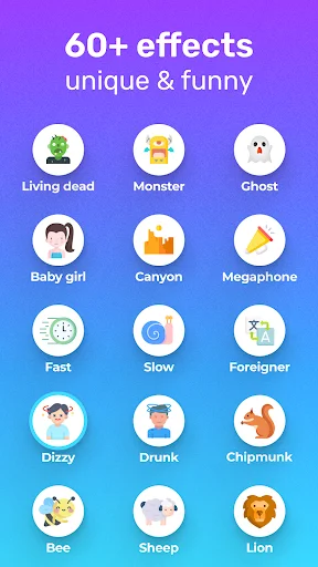 60+ unique voice effects grid displaying Living dead, Monster, Ghost, Baby girl, Canyon, Megaphone, Fast, Slow, Foreigner, Dizzy, Drunk, Chipmunk, Bee, Sheep, and Lion