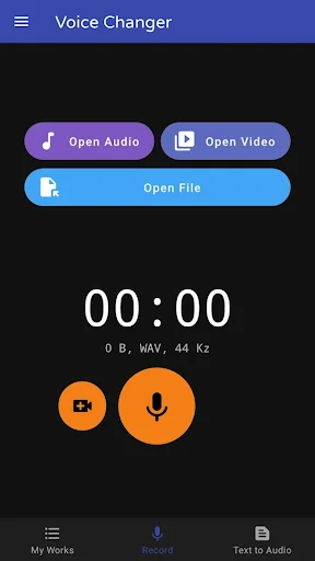 Voice Changer home screen with Open Audio, Open Video, and Open File buttons plus recording interface showing 00:00 timer and record controls