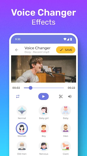 Voice Changer Effects interface displaying voice modification options with video preview and playback timeline controls at 00:02/00:22