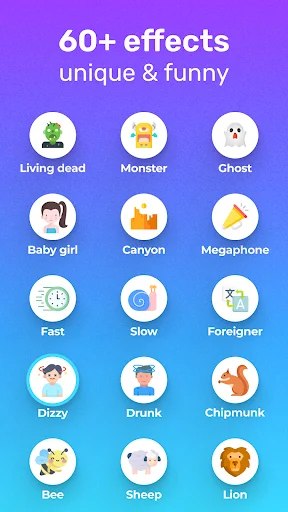 60+ voice effects library showing funny character options like Living dead, Monster, Ghost, Baby girl, Canyon, Megaphone and animal sounds