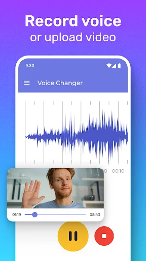 Record voice screen with waveform visualization, video thumbnail preview, and recording controls for creating voice-modified content
