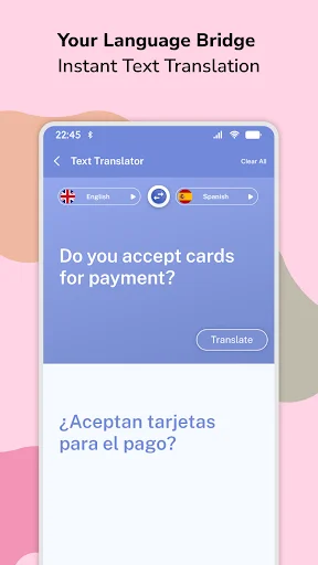 Text Translator interface showing English-Spanish translation feature with 'Do you accept cards for payment?' and Spanish translation with Translate button