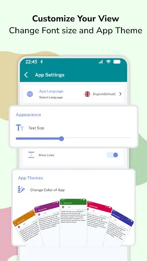 App Settings screen with language selection, text size slider, display lines toggle, and customizable color themes