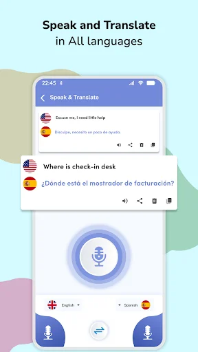 Speak and Translate feature displaying bilingual conversations with English-Spanish language pairs, large microphone button, and dual voice input controls