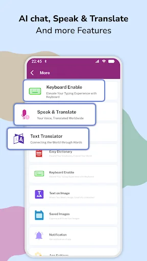 App features menu showing productivity tools including Speak & Translate, Text Translator, Dictionary, Text on Image, and customization options