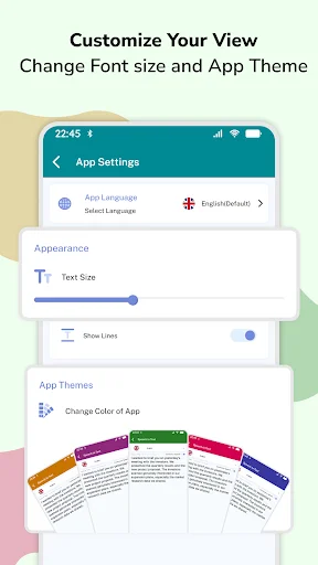 App Settings customization screen with font size adjustment slider, color theme selector showing multiple theme options, and language preferences