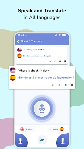 Speak & Translate interface showing English and Spanish languages with conversation examples and voice microphone button