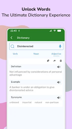 Dictionary search results for 'Disinterested' with word types, definition, example sentences, and searchable synonyms