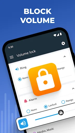 Volume lock app showing locked ring volume with yellow padlock icon on smartphone screen