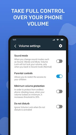 Volume settings menu with parental controls, minimum protection and do not disturb toggles